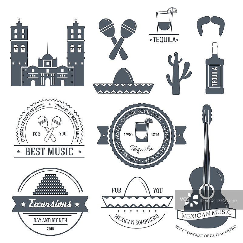 墨西哥国家标签模板的标志元素，为您的产品或设计，网页和移动应用程序的文本。矢量插图与细线孤立的图标邮票符号。图片素材
