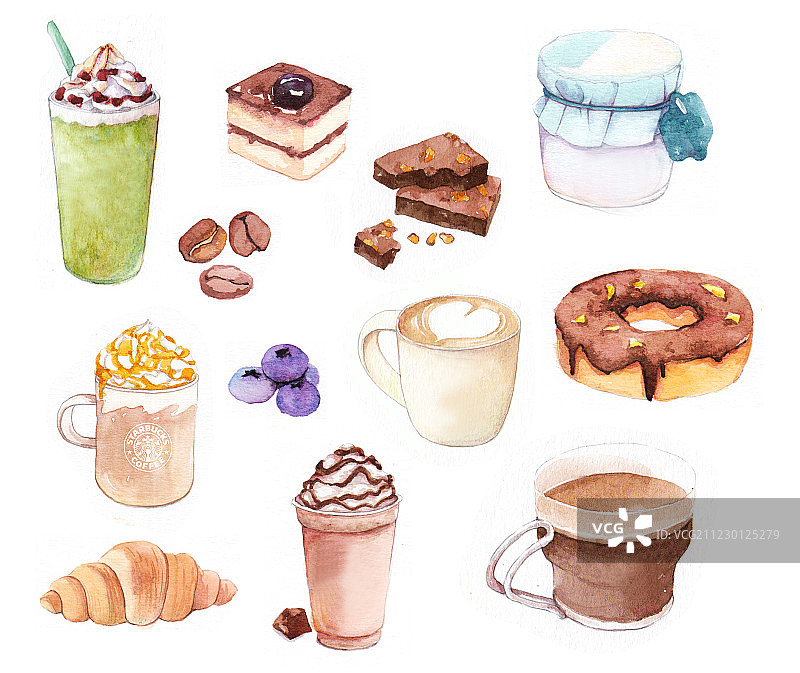 甜点和咖啡水彩插画图片素材