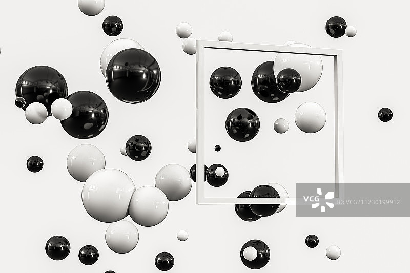 空间中浮动的黑白球体与纯色背景，三维渲染图片素材
