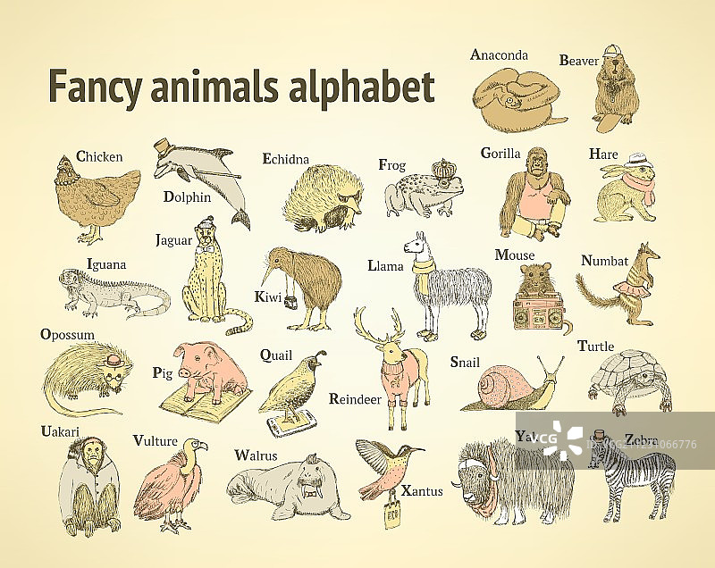 素描花哨的动物字母在复古风格图片素材