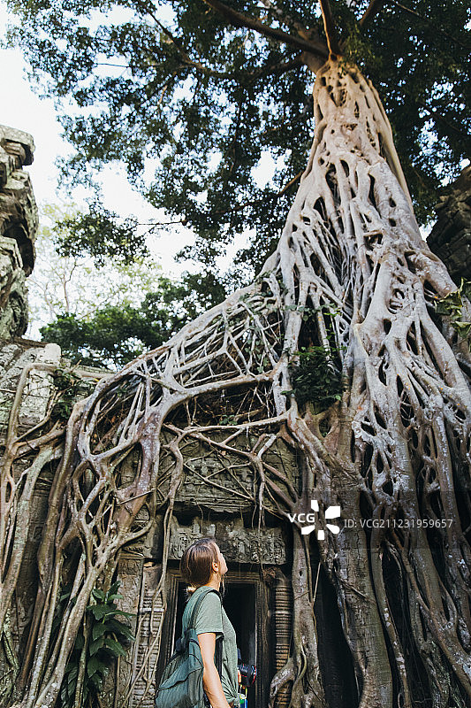 在柬埔寨暹粒，女人看寺庙废墟的腰部以上的照片图片素材