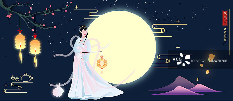 中秋节里嫦娥仙女提着月饼形状的花灯欣赏月亮，中国传统节日插画图片素材