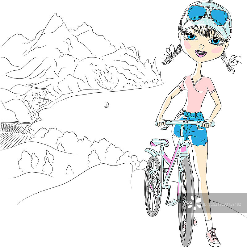时髦女孩游客与自行车图片素材