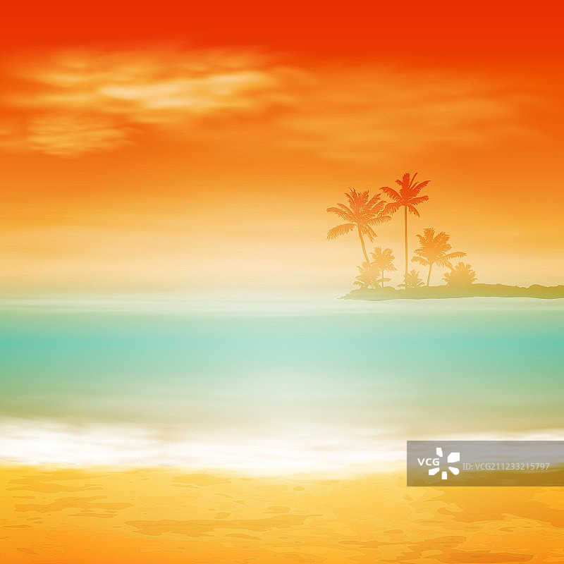 海上日落与岛屿和棕榈树图片素材
