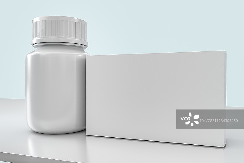 白色药瓶与包装盒背景，三维渲染图片素材