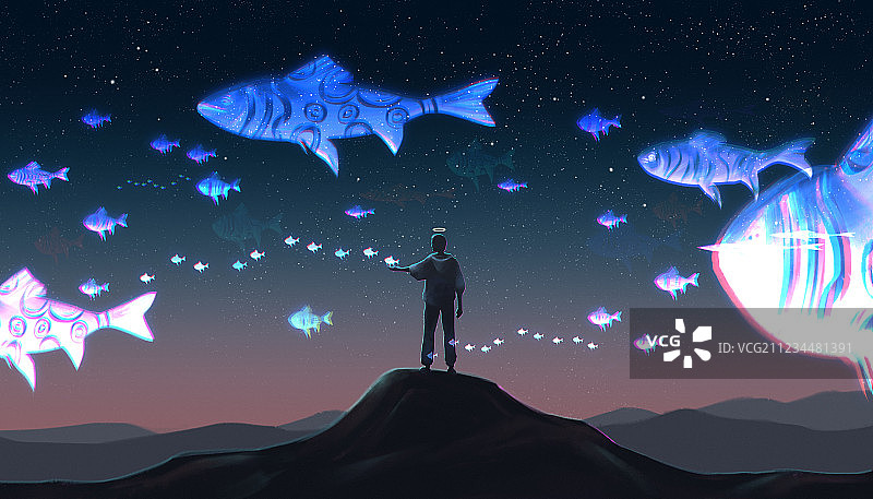 一个人站在山顶看着天空中发光的鱼飞过 超现实主义绘画 数码绘图片素材