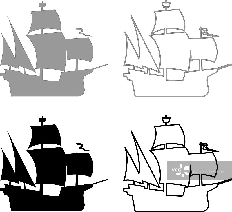 中世纪船舶图标轮廓设置灰色黑色颜色图片素材