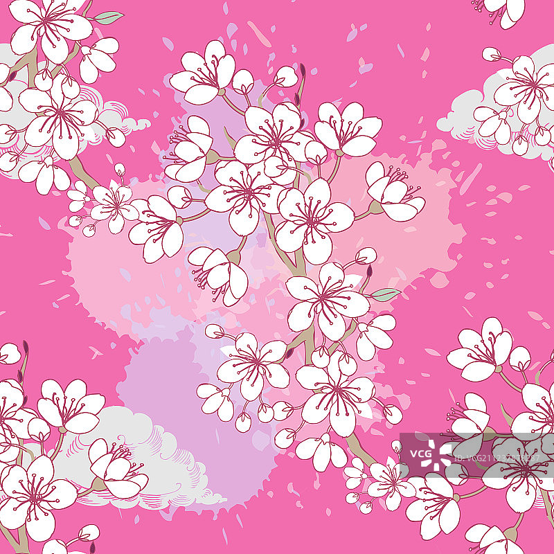 无缝图案与樱花手绘弹簧图片素材