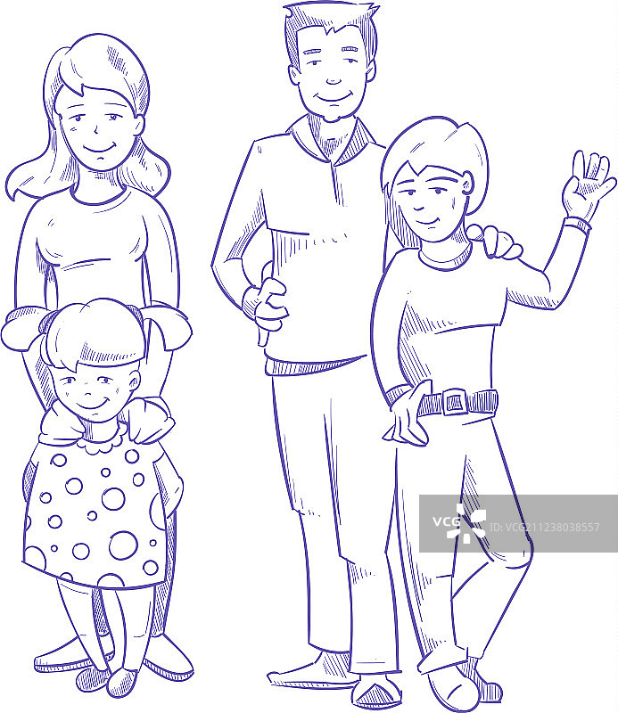 幸福的家庭和年幼的孩子手绘图片素材