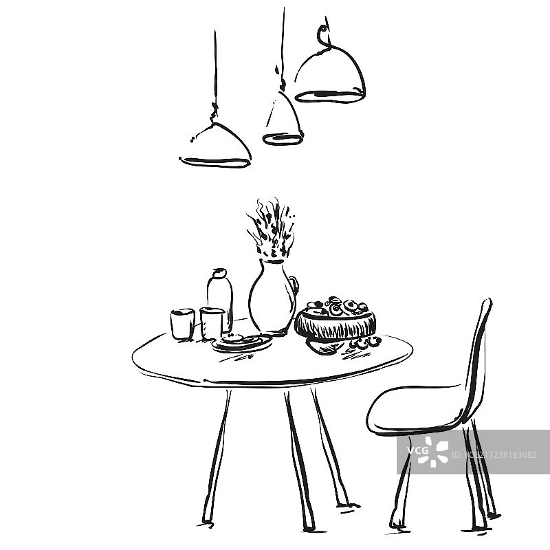 餐桌上有玻璃杯和花卉素描图片素材