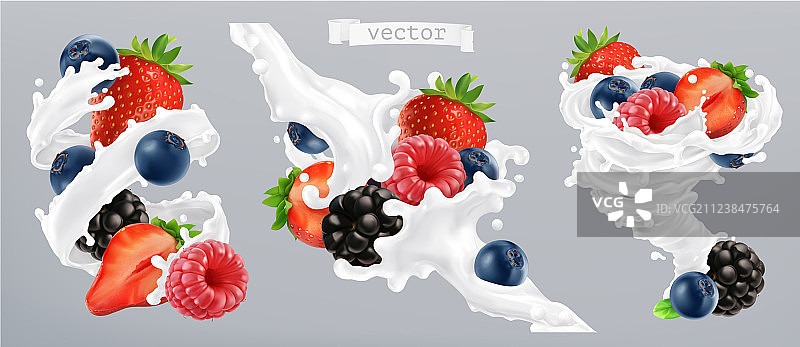 森林浆果和牛奶飞溅水果和酸奶3d图片素材
