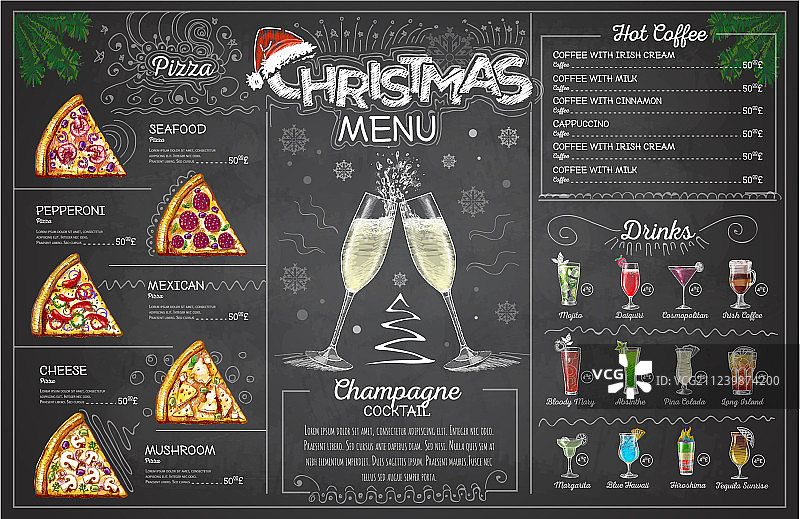 假日圣诞菜单设计与香槟图片素材