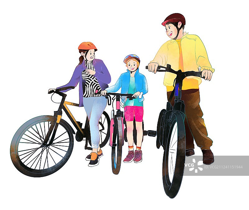 骑行自行车运动节假日家庭出游 白色背景素材图片素材