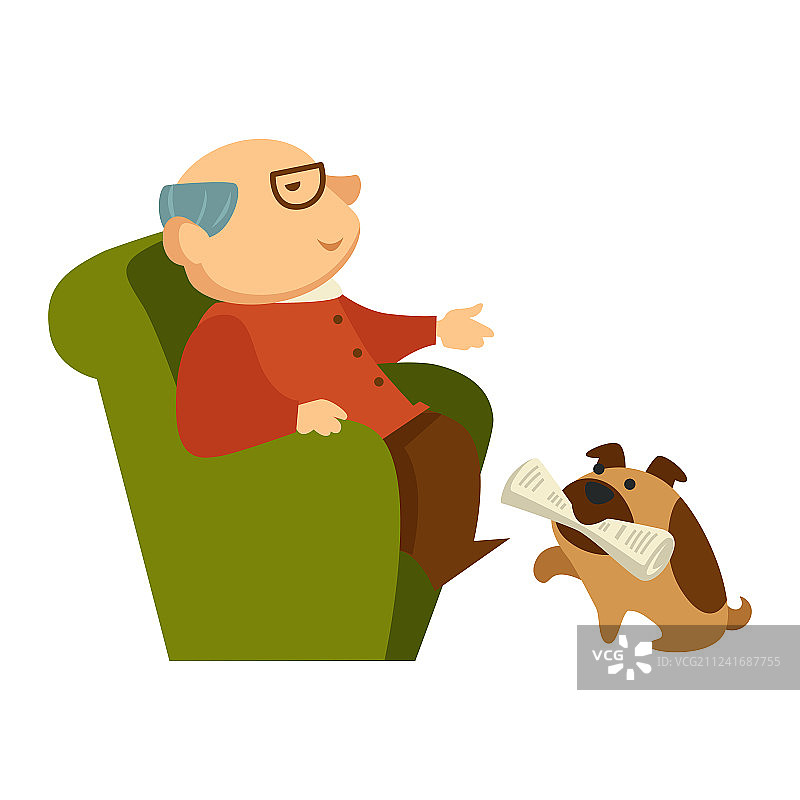 一只狗给坐在屋里的爷爷拿报纸图片素材