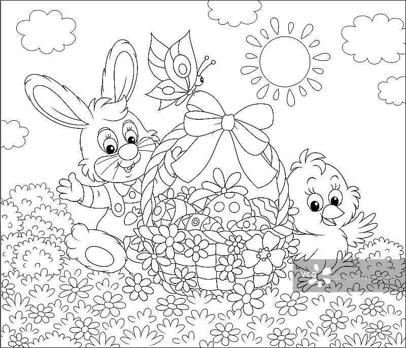 兔子和小鸡拿着复活节篮子图片素材