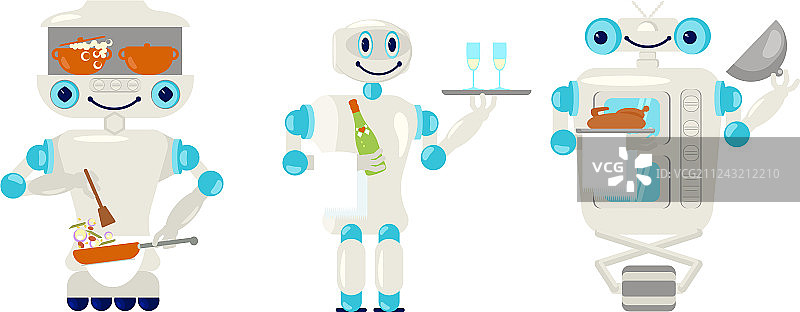 机器人服务员和厨师在平面风格图片素材