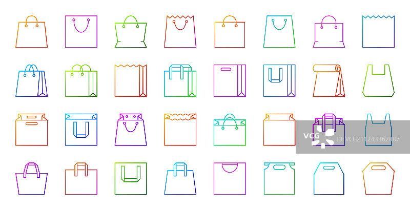 购物袋简单的颜色线条图标设置图片素材