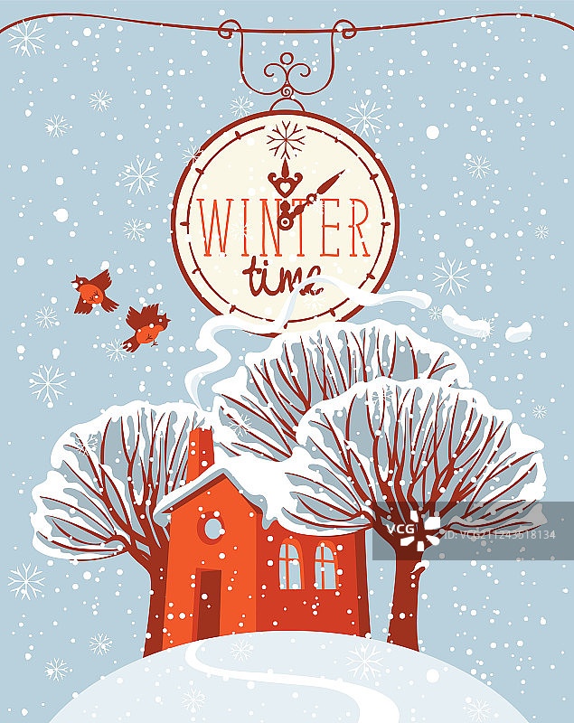 冬天的风景和被雪覆盖的房子和树木图片素材