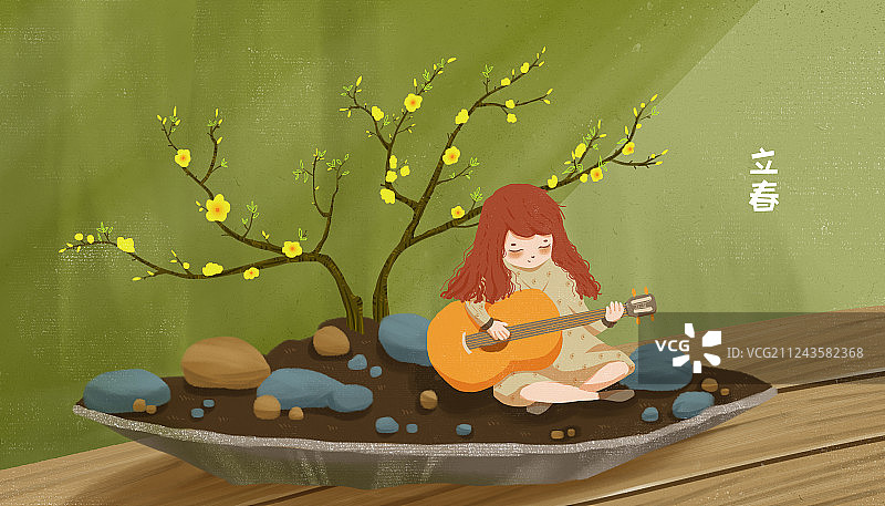 二十四节气立春插画 坐在迎春花盆栽里弹吉他的精灵女孩图片素材