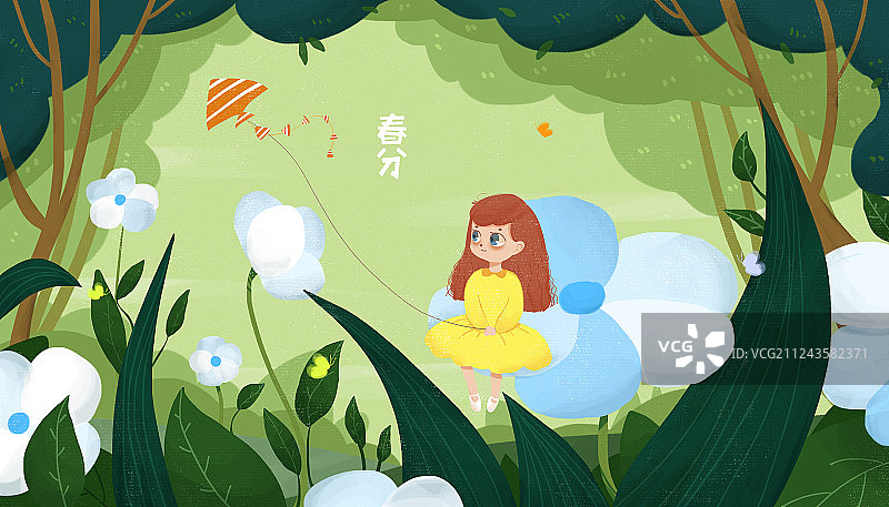 二十四节气春分插画 坐在花朵上放风筝的女孩图片素材