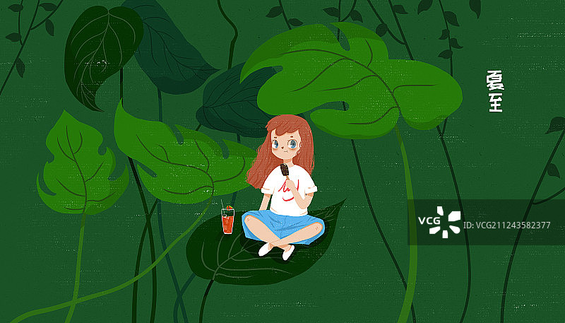 二十四节气夏至插画 夏季坐在叶子上吃雪糕的精灵女孩图片素材