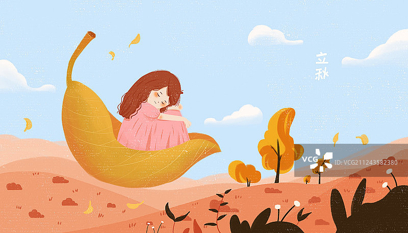 二十四节气立秋插画 秋天的落叶上有睡觉的女孩图片素材