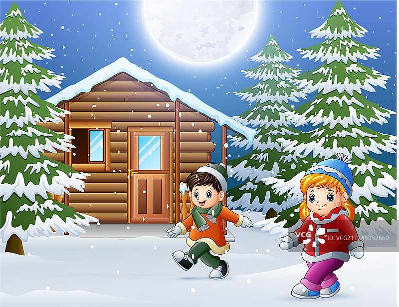 快乐的小朋友穿上冬装，在前面玩耍图片素材