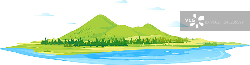 绿油油的小山，有森林和湖泊图片素材