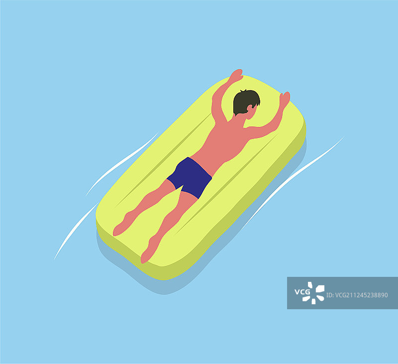 男人日光浴在黄色床垫男性在海上图片素材