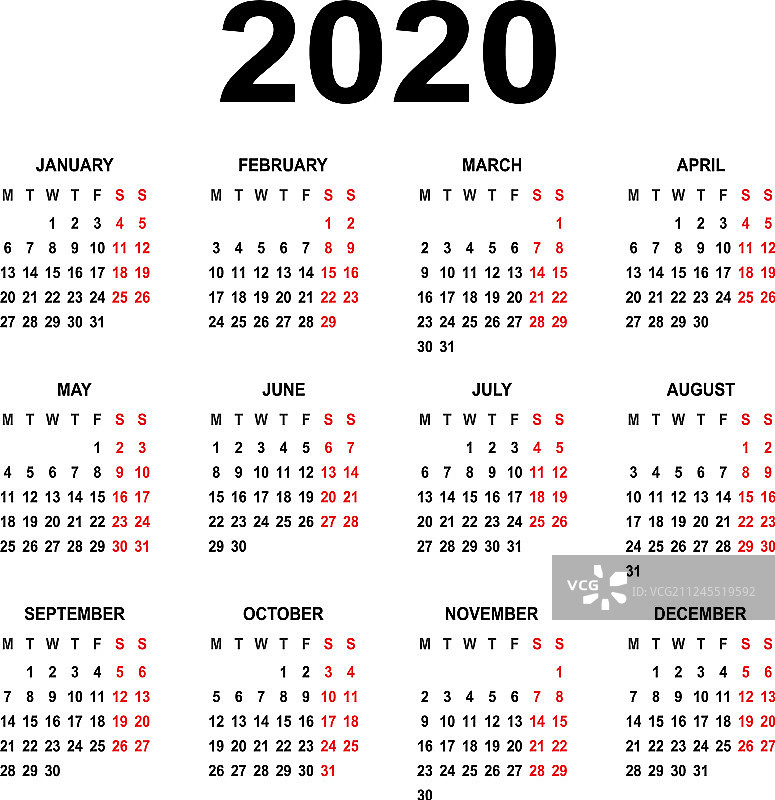 日历2020周从星期一开始基本网格图片素材