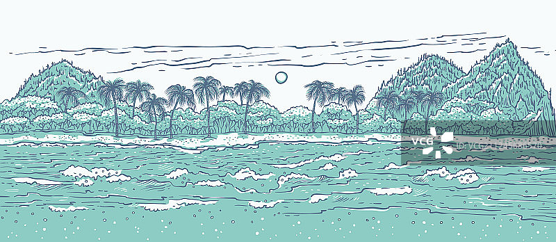 多沙的热带岛屿，海浪和棕榈图片素材
