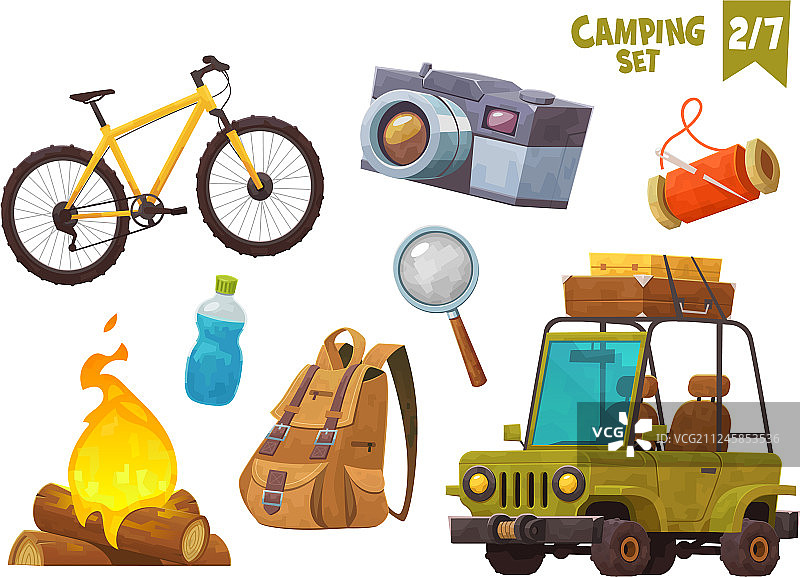 自行车、篝火、背包、汽车、行李箱、瓶子图片素材