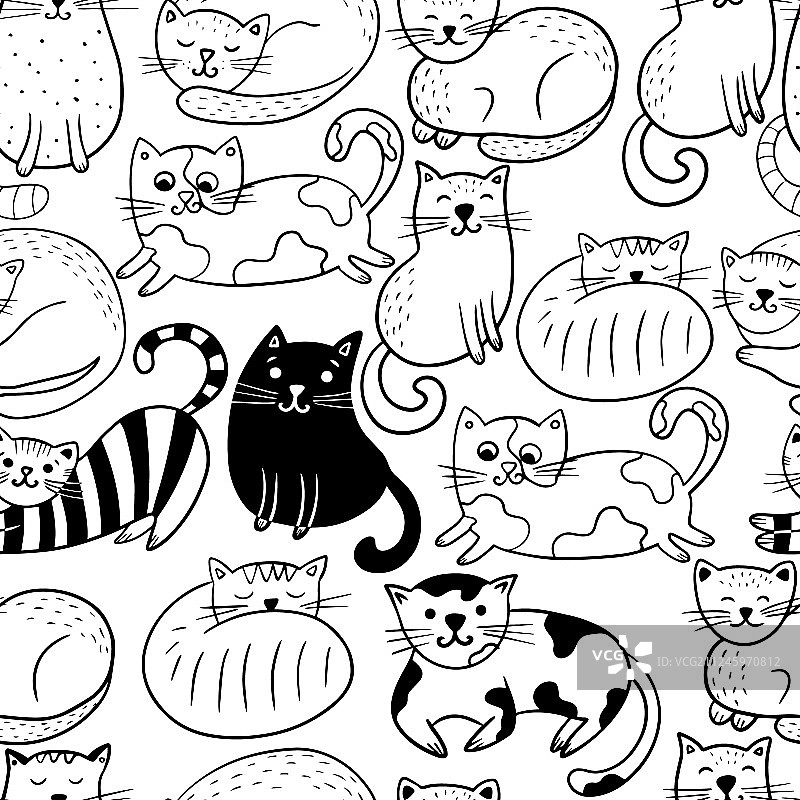 手绘无缝图案与可爱的猫图片素材