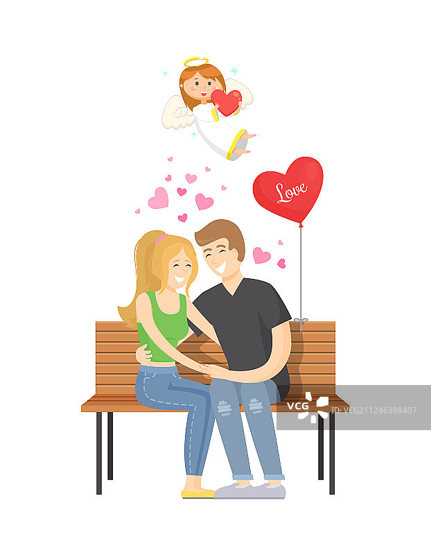 一对相爱的男女坐在长椅上图片素材