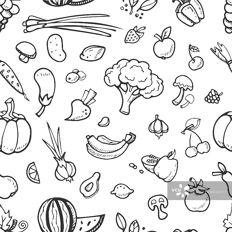 水果和素食食物涂鸦素描图片素材