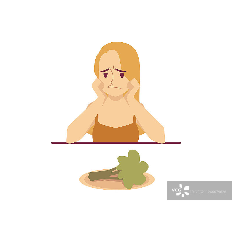 一个正在节食的女人看着花椰菜的平板很伤心图片素材