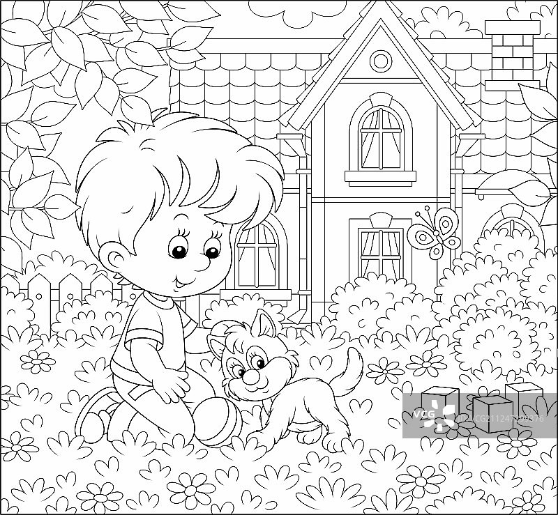 小男孩和一只小猫在草坪上图片素材