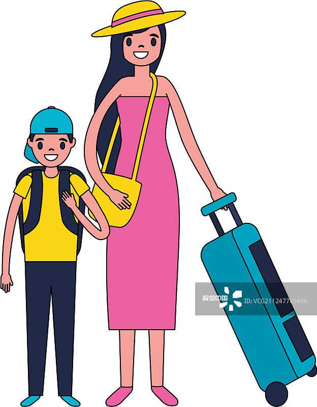 旅游母亲和儿子带着手提箱图片素材