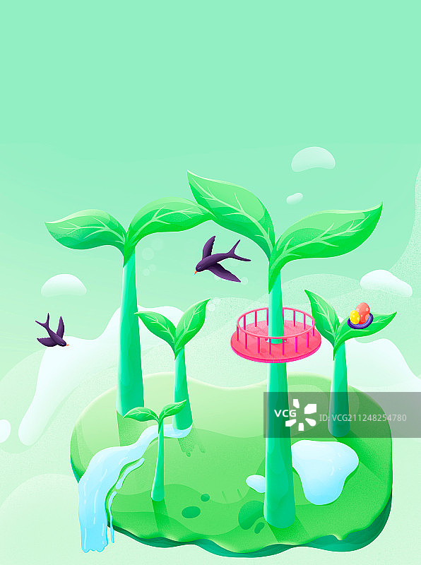 春天里燕子在户外稻苗周围飞舞插画海报背景图片素材