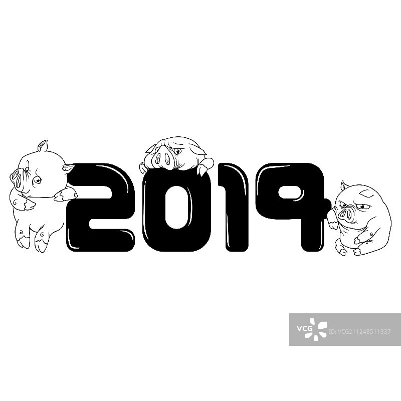 三只小猪倚在2019的标志上图片素材