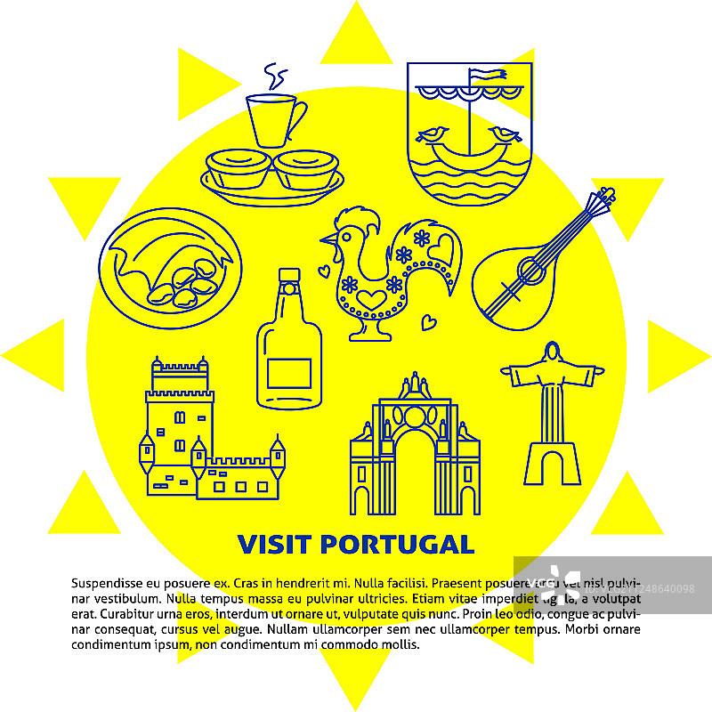 访问葡萄牙概念旗帜与图标在一行图片素材