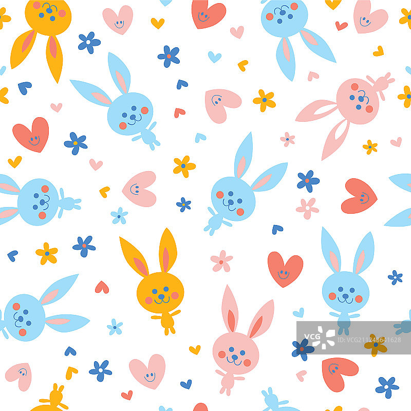 可爱的小兔子，鲜花和心形图片素材