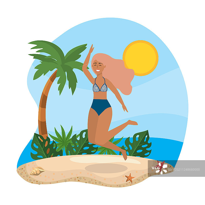 女人跳着，穿着有棕榈树的泳衣图片素材