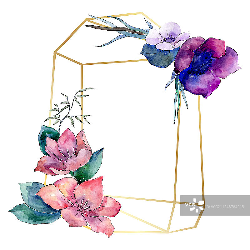 花束，植物花。水彩背景插图集。框架边框水晶装饰方。图片素材