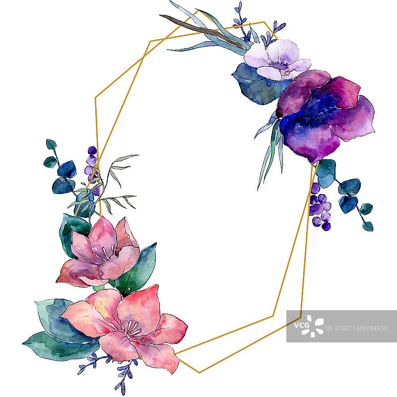 花束，植物花。水彩背景插图集。框架边框水晶装饰方。图片素材