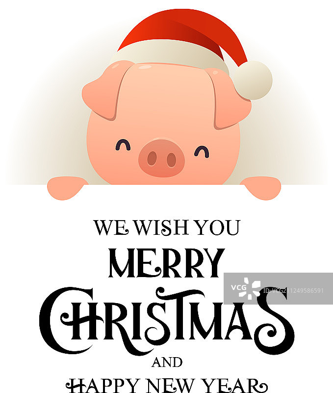 可爱的小猪戴着圣诞帽站在招牌后面图片素材