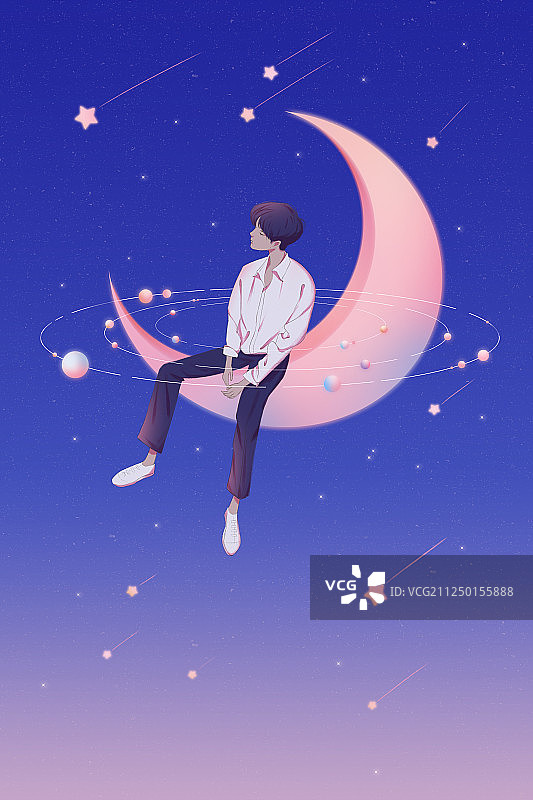 行星围绕的男孩坐在月亮上闭眼思考梦幻插画竖版图片素材