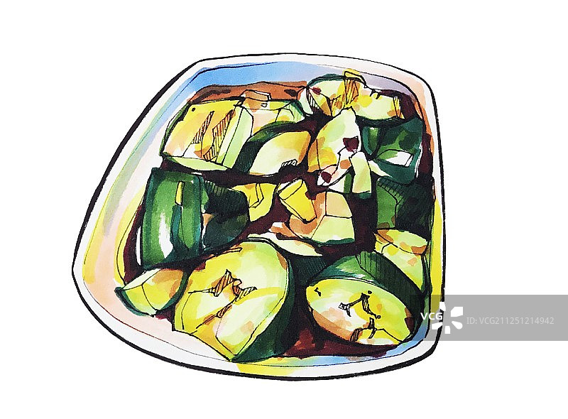 马克笔美食手绘插画  健康蔬菜绿色食品 凉拌黄瓜拍黄瓜图片素材