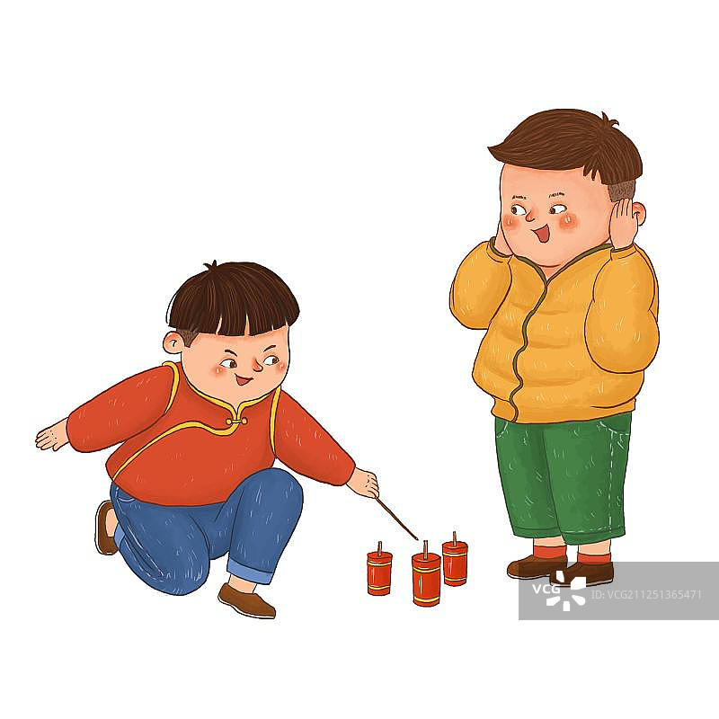 春节过年传统服饰小男孩点鞭炮免扣插画元素图片素材