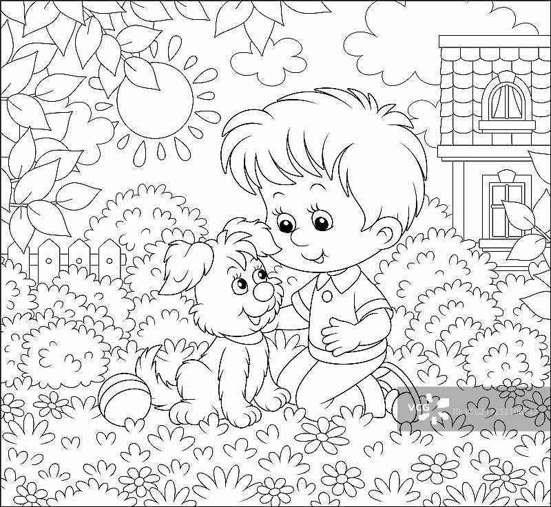 一个小男孩和一只小狗在草坪上图片素材